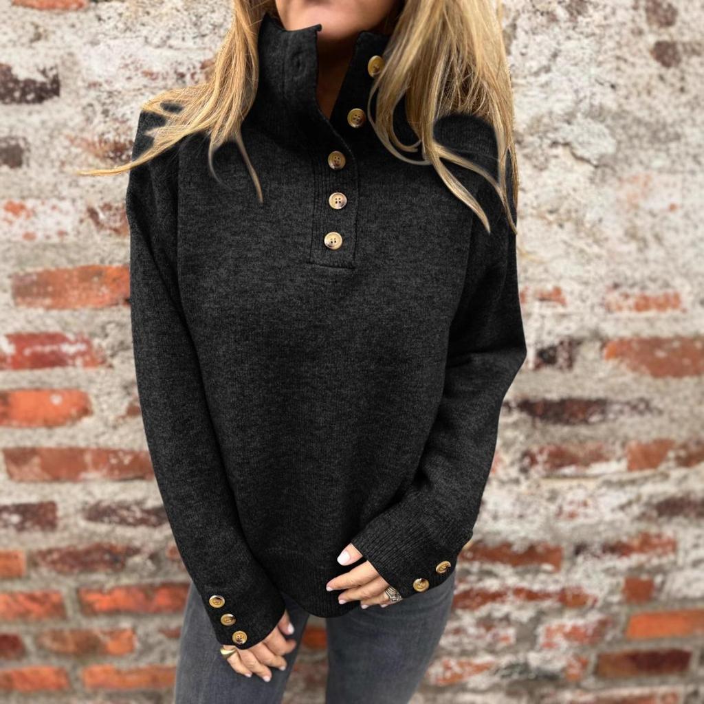 New Women's Autumn Winter Solid Color Casual Turtleneck Loose Knitted Button Pullover Sweater