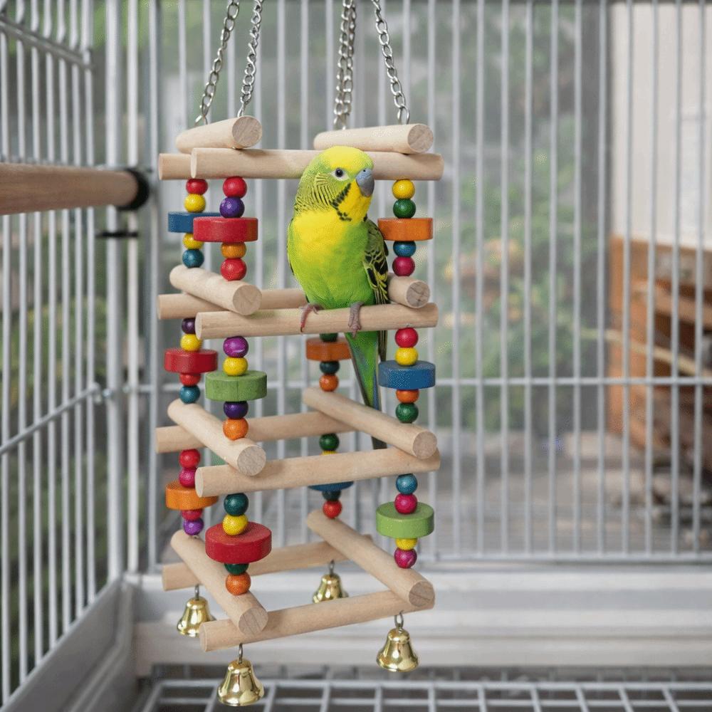 Colorful Wooden Parrot Chew Toys Bite Resistant Hanging Parrot Swing Toy Multi Layer with Bells Bird Climbing Ladder