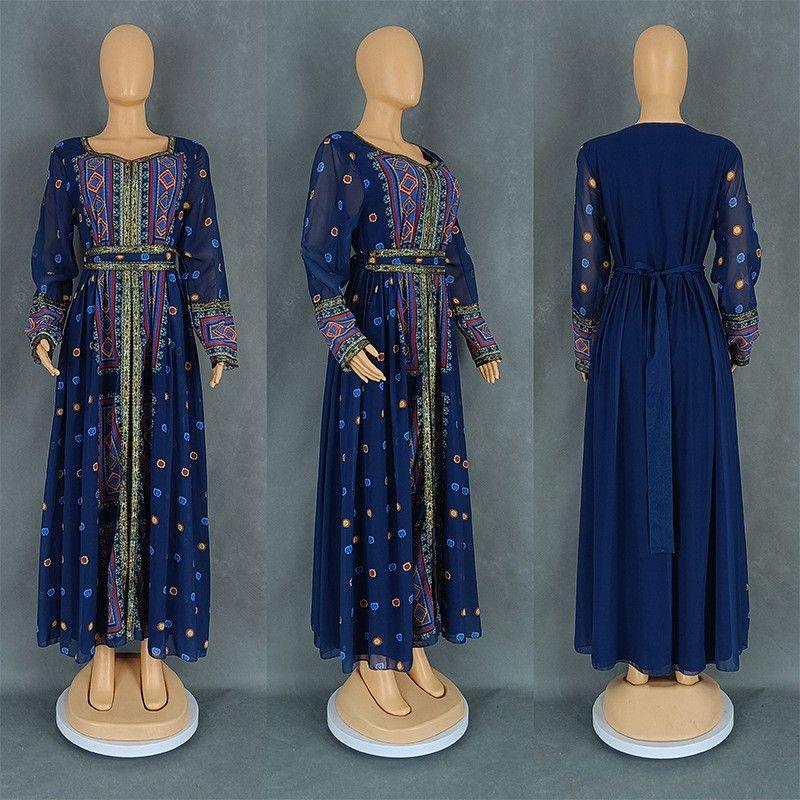 Cross-Border European and American Middle East Print Sequins Women Clothes New Fashion Dubai Robe Chiffon Travel Dress Dress