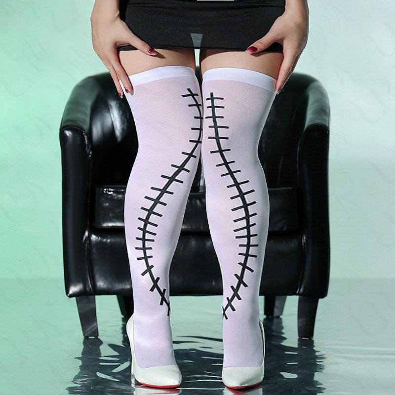 Skull Print Thigh-High Halloween Stockings – Polyester Over-the-Knee Socks