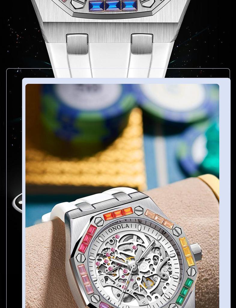 ONOLA Montre Homme Automatique Mécanique Fashion Diamants Arc-en-ciel Bracelet Silicone Étanche