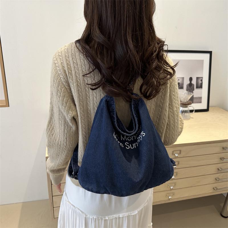 Large Capacity Vintage Minimalist Denim Shoulder Bag For Casual Commuting And Daily Outings