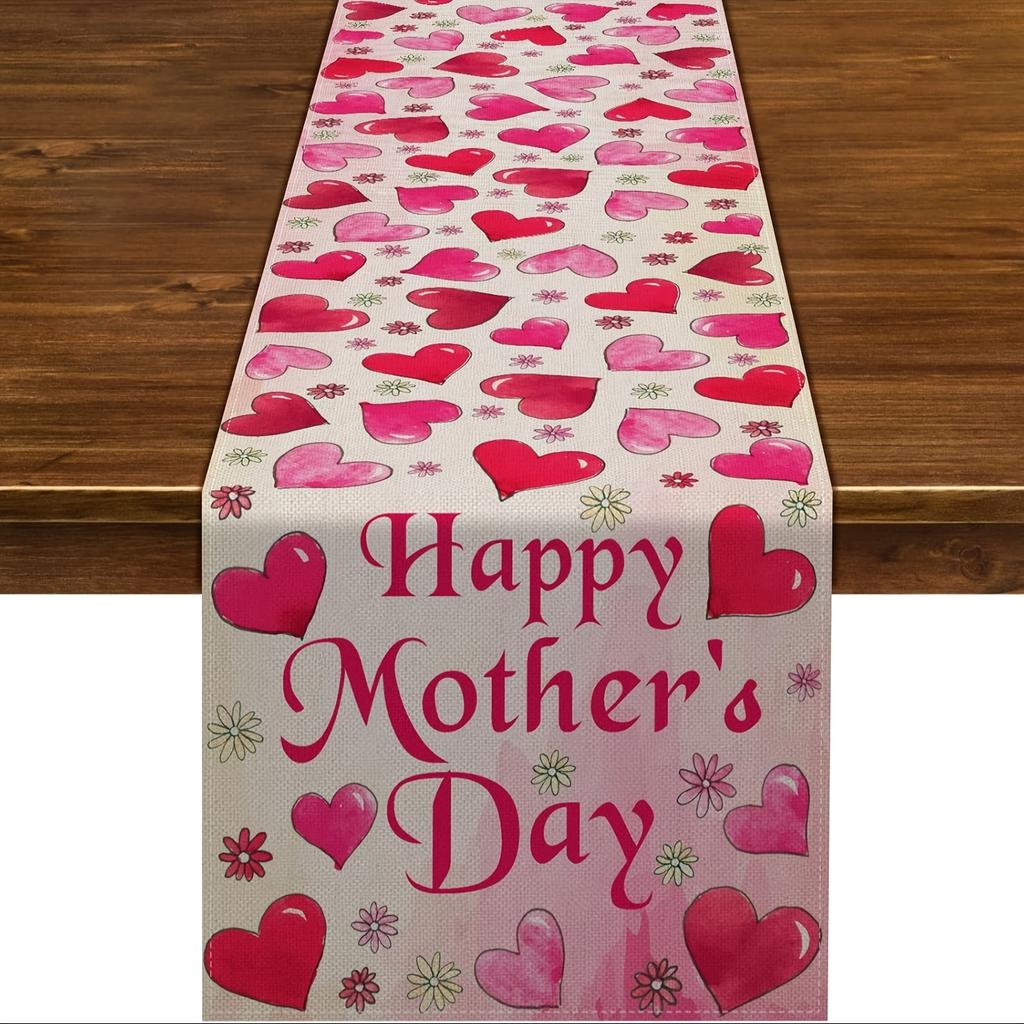 1pcs Happy Mother's Day Pink Tulip Love Heart Polyester Table Runner Spring Flowers Leaves Table Runners Dining Table Decoration