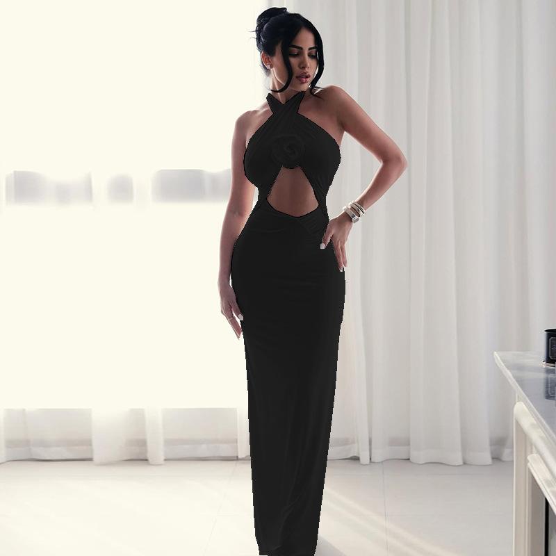 2026 New Sexy Temperament Dress Fashionable Hollow Flower Splicing Backless Neck Strap Hip Skirt