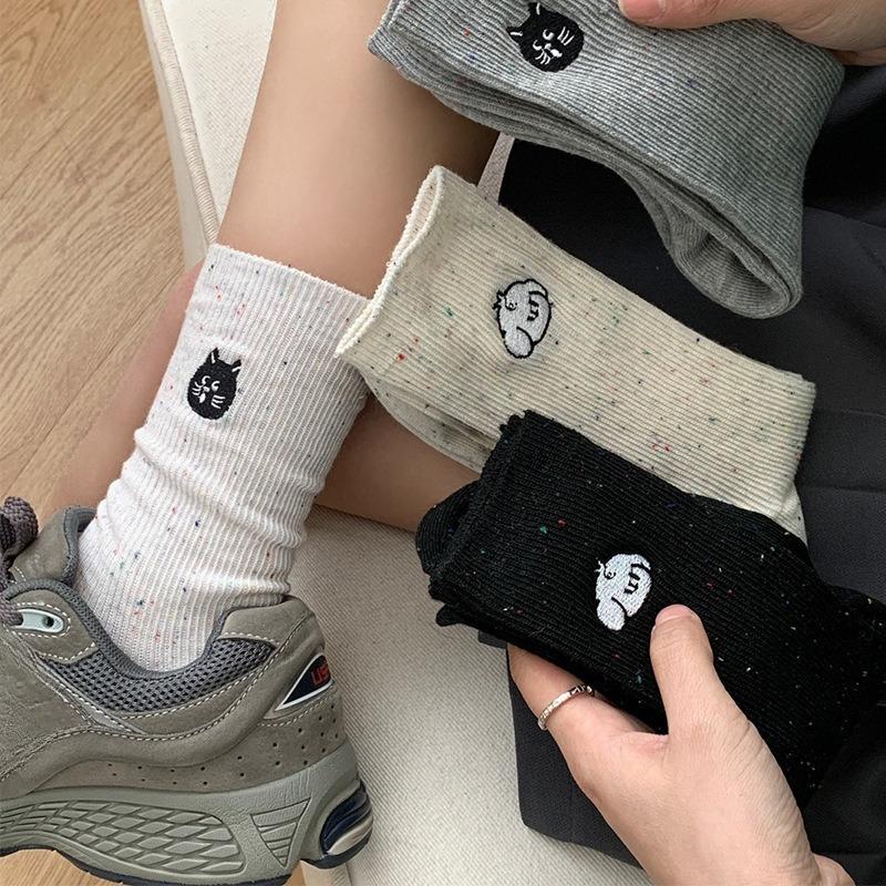 Spring and Summer Dot-yarn Embroidered Cute Dog Cartoon Socks, Women's Mid-calf Pile Socks, Trendy Pure Cotton, Versatile