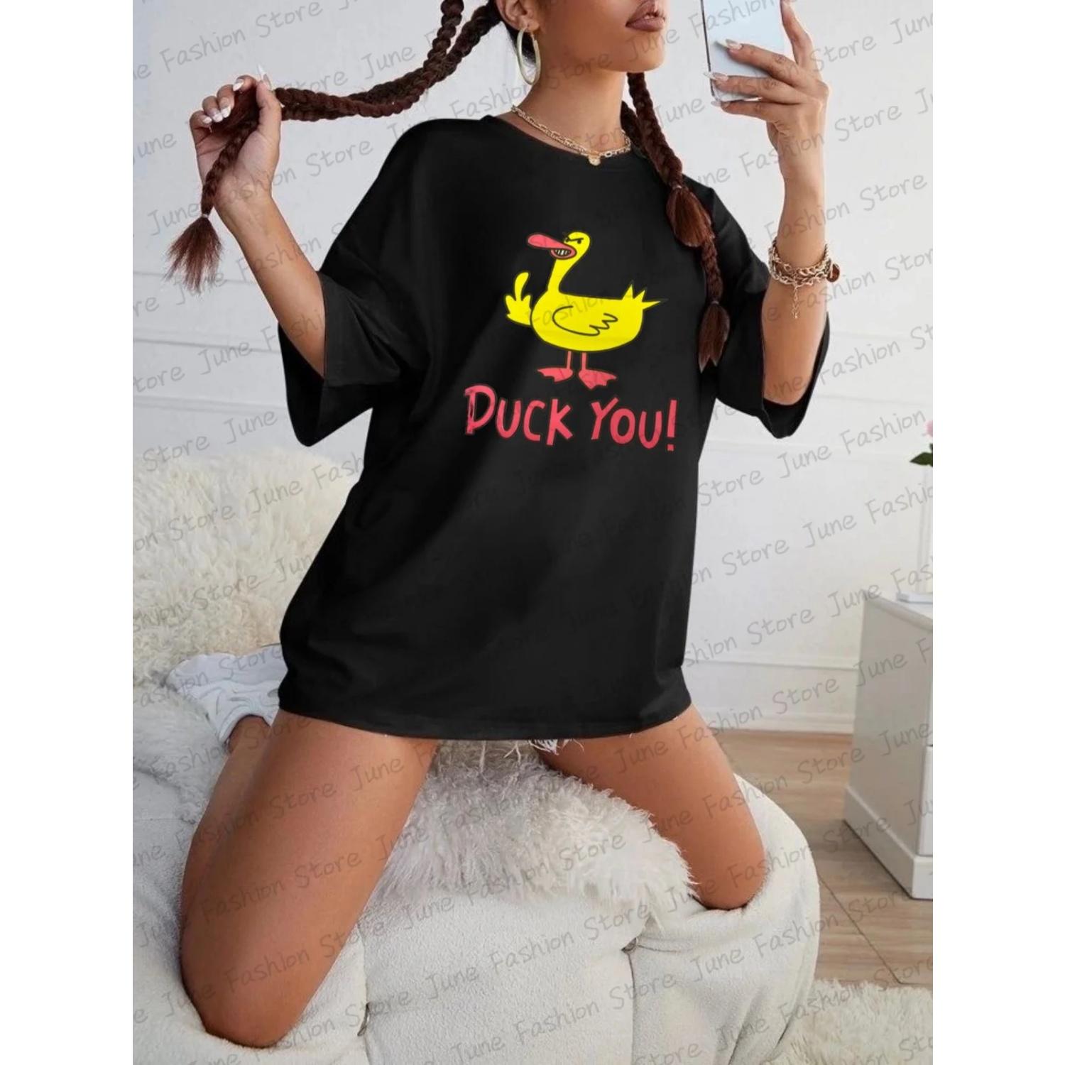 

New Fashion Women s Cotton Tshirts Duck You Print Tees Trendy Brand Short Sleeve Tee Europe America Vintage Casual Streetwear S чёрный