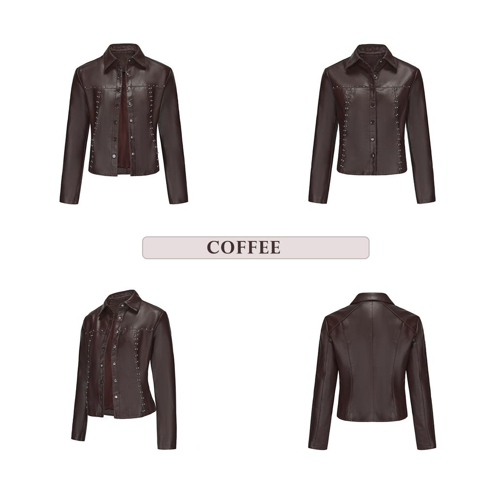 BITCED Women's Spring/Autumn Studded Leather Jacket Cardigan Button-Up Leather Clothing Fashionable Lightweight Outerwear