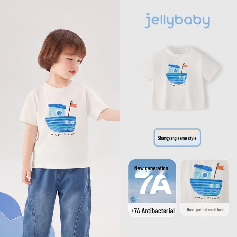 JELLYBABY Boys Cartoon Boat Antibacterial Short Sleeve T-Shirt 110