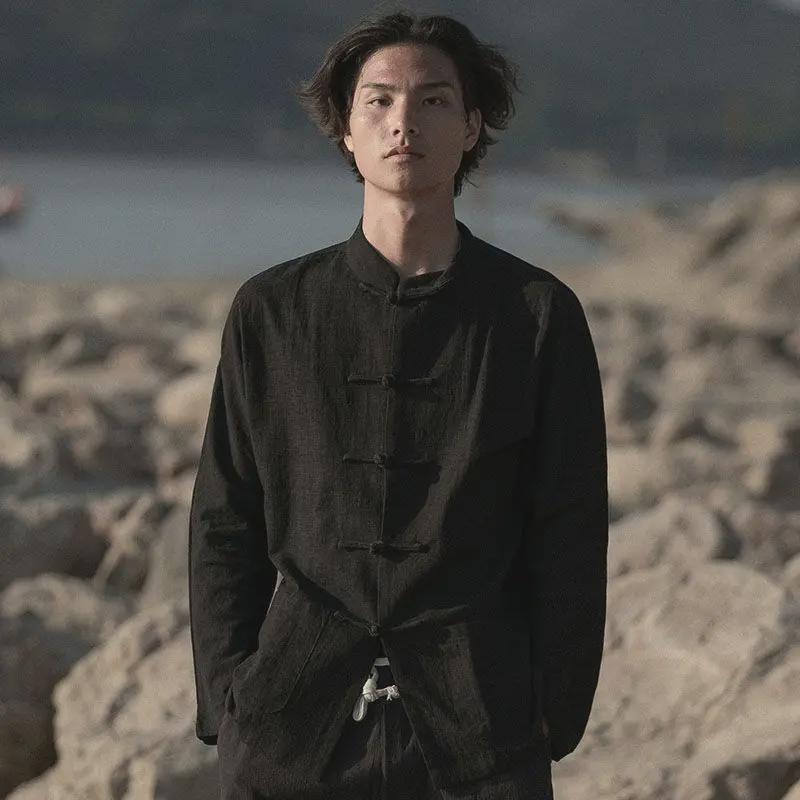 Men's Retro Chinese Style Linen Stand Collar Long Sleeve Shirt