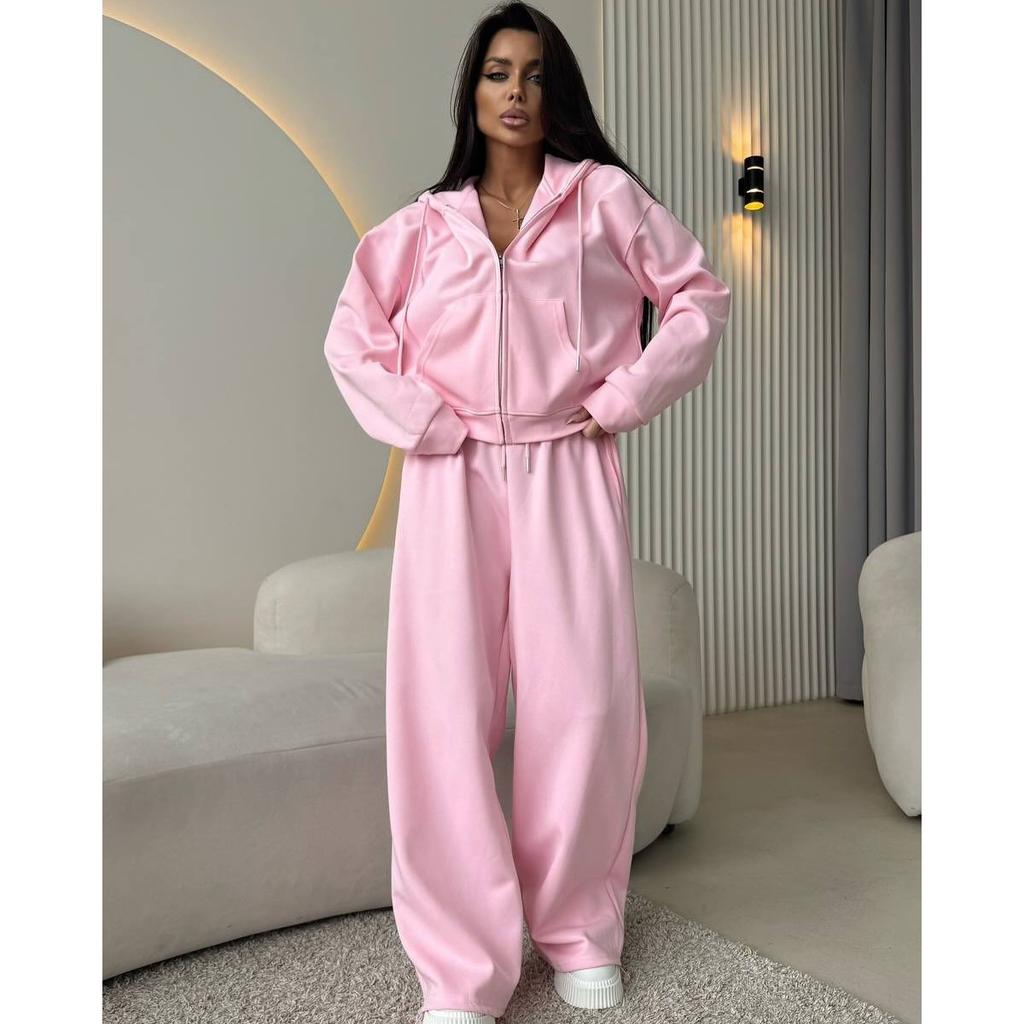 Sports Suit Long Sleeved Zipper Cardigan Hooded Sweatshirt with Zip Ties Long Pants Two-piece Cotton Set