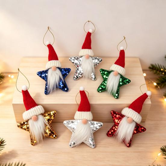 Soft Plush Decorative Figures Christmas Gnome Star Ornaments, Sparkly Faceless Dwarf Hanging Decoration with Knitted Sparkling Sequin Decor