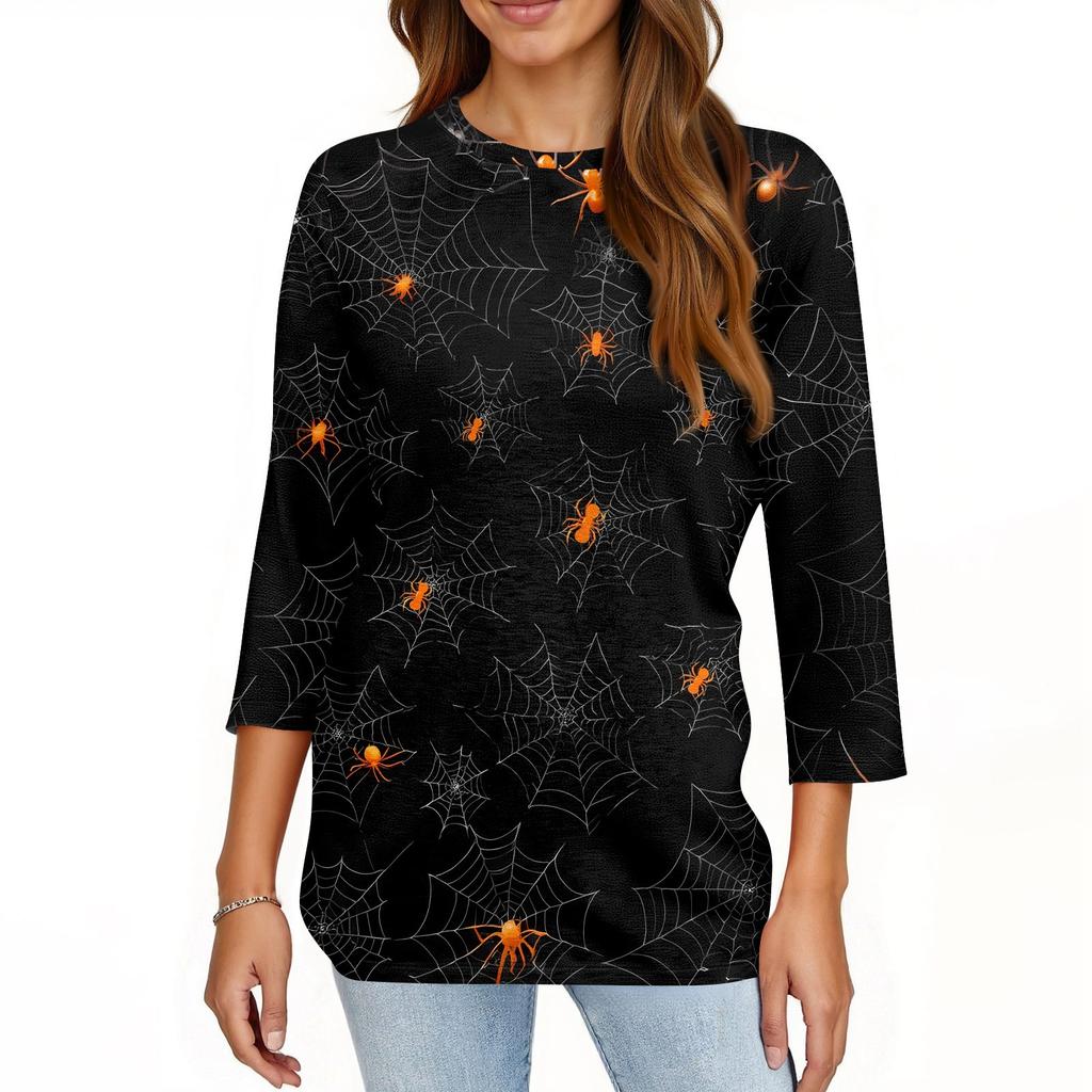 Women's T Shirt Halloween Print 3/4 Sleeve Daily Fashion Basic Round Neck Regular Top