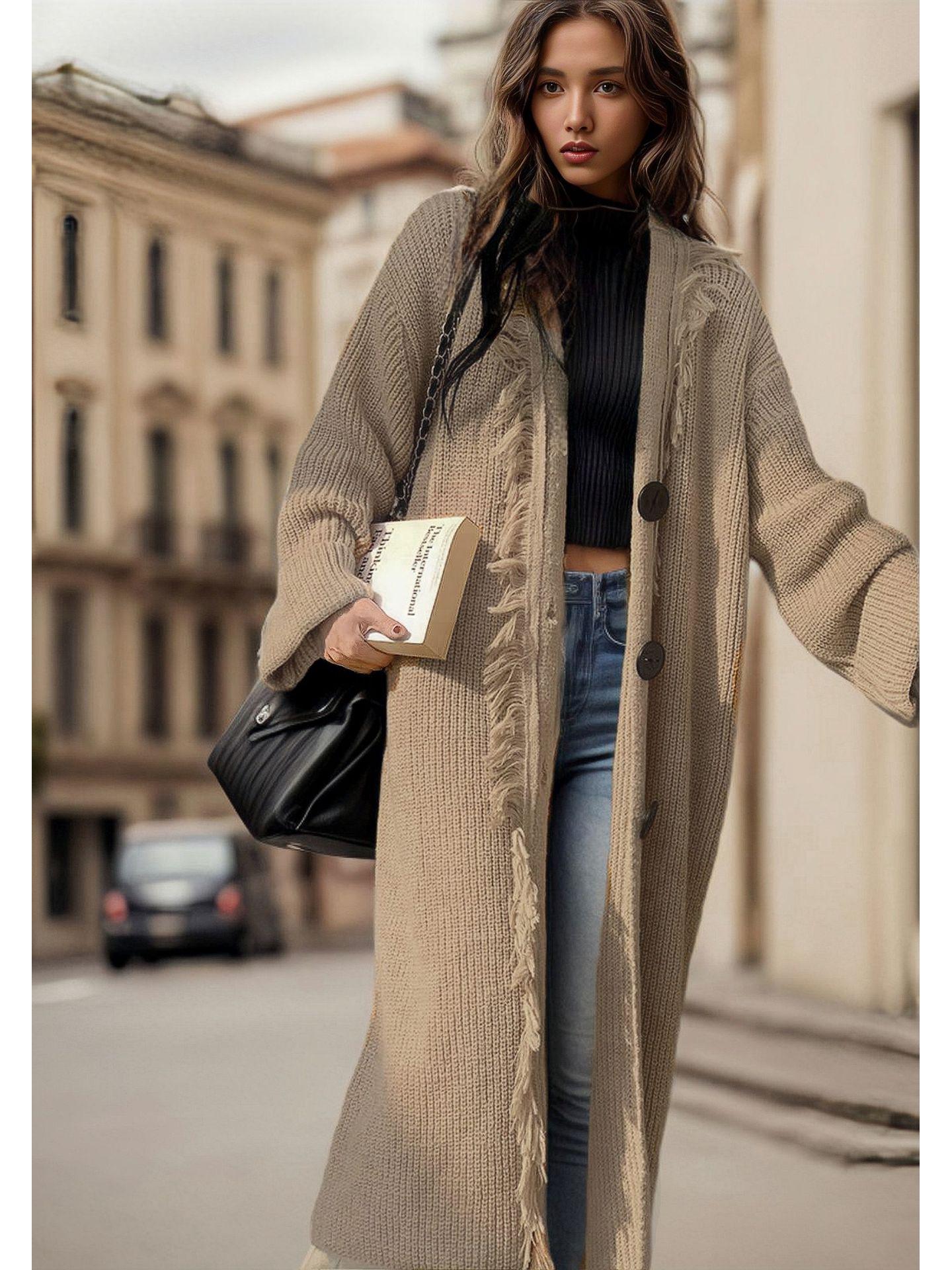 

Женский длинный кардиган в европейском и американском стиле с кисточками, однотонный - осенне-зимний трикотаж с длинным рукавом Medium хаки