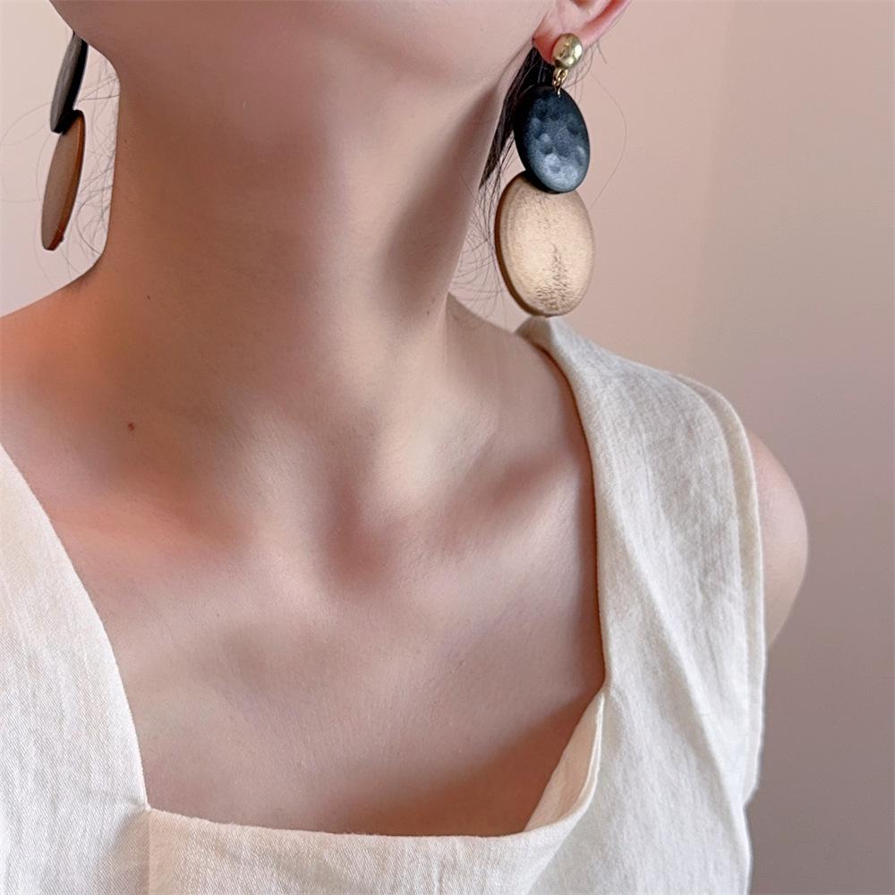 Korean Retro Geometric Wooden Earrings: Women's Long Dangle Ear Hoops, Simple Handmade Dotted Round Jewelry