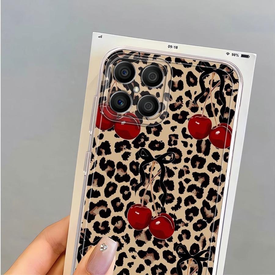 Leopard-patterned Cherry Soft Phone Cover Case for Honor X8a X8 X9a X8b X9b 90 Lite X7b
