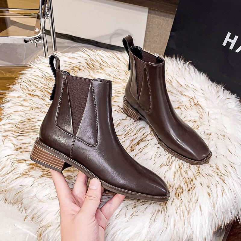 Französische Stiefeletten Damen Herbst und Winter Martin Boots 2024 neu bequem niedriger Absatz mittelhohe Stiefel eckige Spitze elastische braune Stiefel