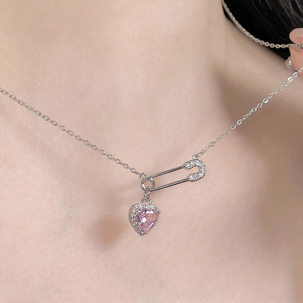Safety Pin Clip Love Pendant Necklace for Women Hollow Tassel Collarbone Chain Choker Adjustable Length Anti-Tarnish Lightweight