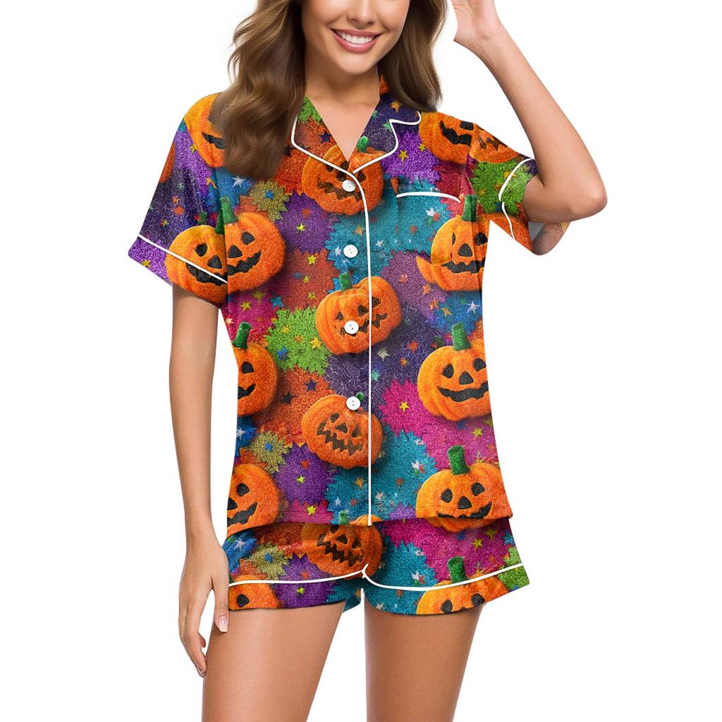 Dames avslappet mote Halloween-trykt kortermet hjemmedress