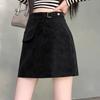 European Style Black Suede Plush Plus Size PU Leather Short Skirt for Women - Slimming, Hip-Hugging Spring/Autumn Fashion.