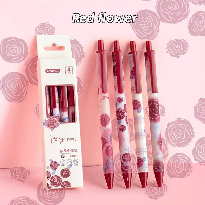 Conjunto de 4 Canetas Gel Florais Românticas Estampa Floral Adorável Ponta Esferográfica 0.5mm Tinta Preta para Escrever