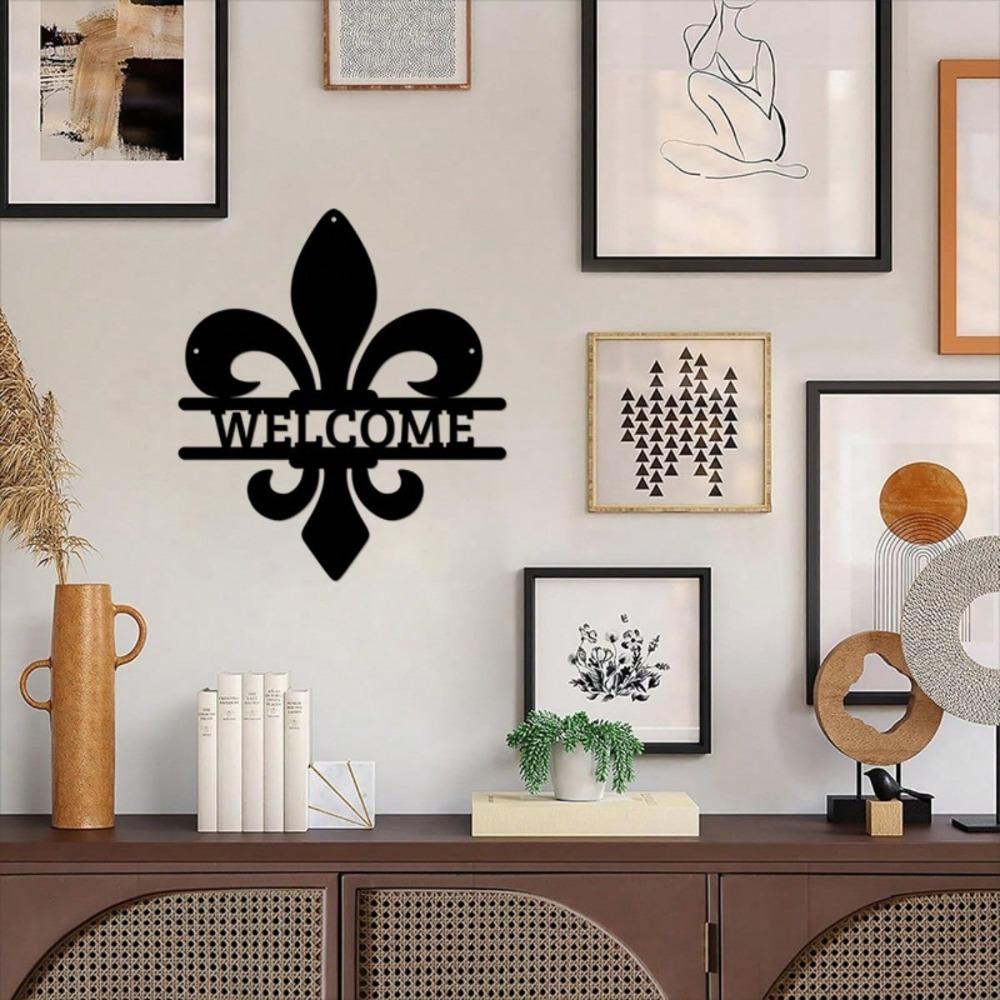 Wrought Iron Fleur de Lis Door Sign, Elegant Metal Wall Decor for Home Entrance, French Theme Cafe Boutique Art Hanging