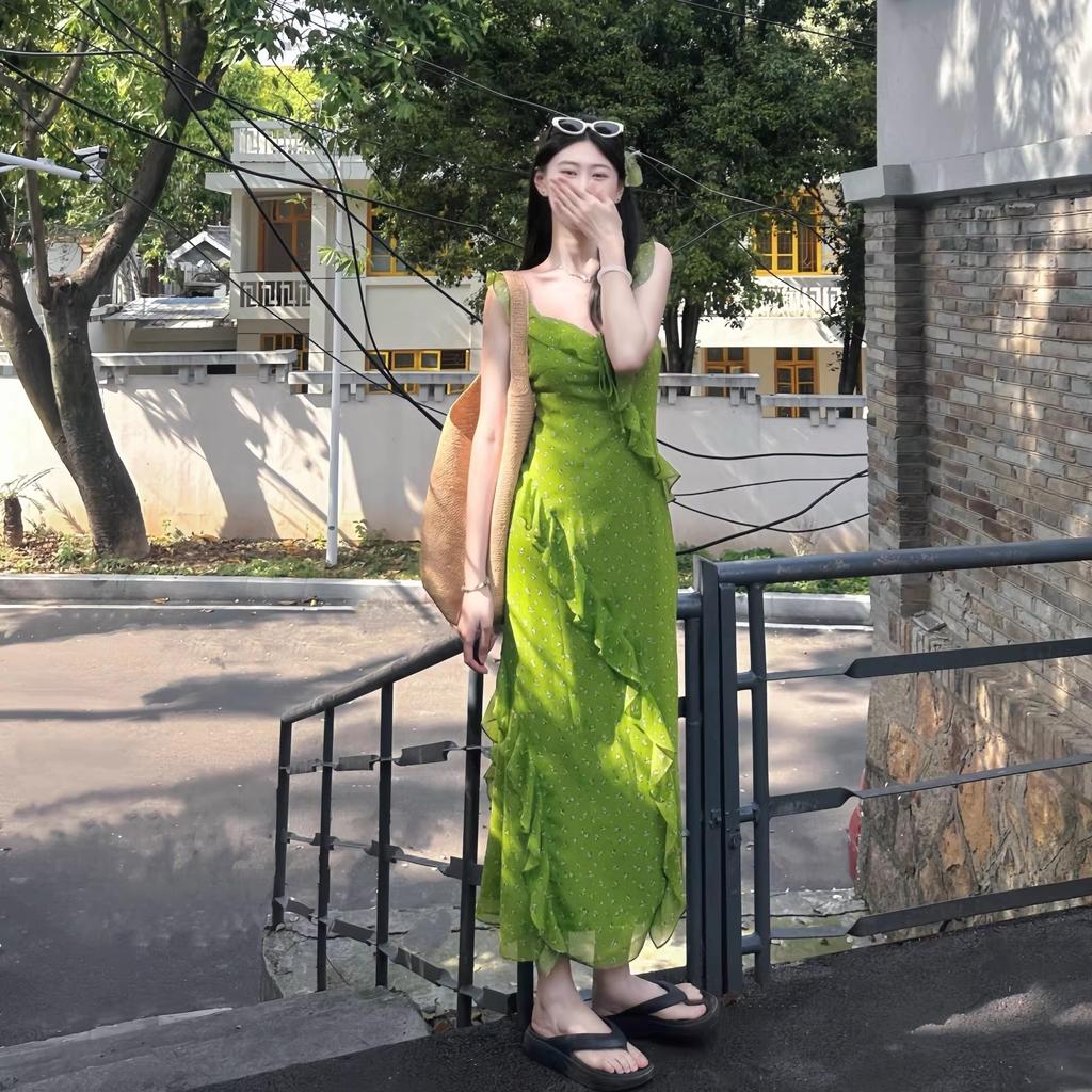 2026 new summer new lotus leaf edge green floral suspender dress women's summer Sanya seaside slim dress