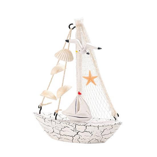 Mini Sailboat Model Nautical Resin Sailing Boat Decoration with Shell Starfish Rustic Vintage Beach Ocean Theme Ship Ornament for Home Office Bedroom