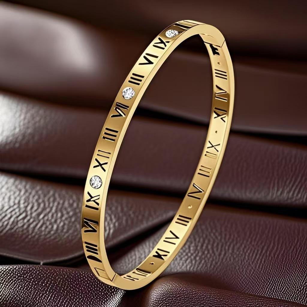 Roman Numeral Titanium Steel Luxury Bracelet with Gold-Plated Buckle for Women - Japanese Korean Design