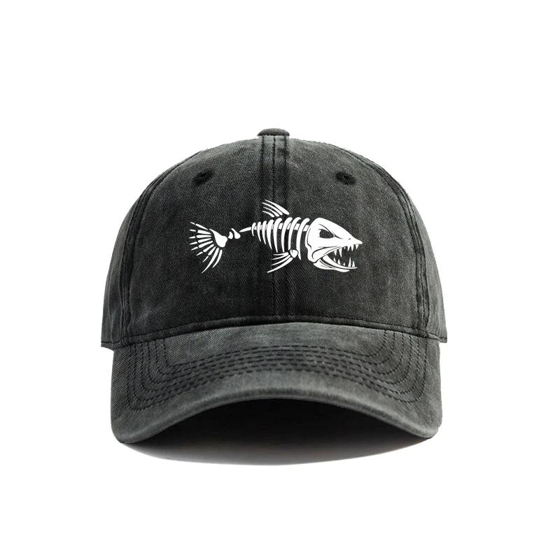 White Fishbone Printed Baseball Cap, Vintage Style, Fashionable and Versatile for Both Men and Women