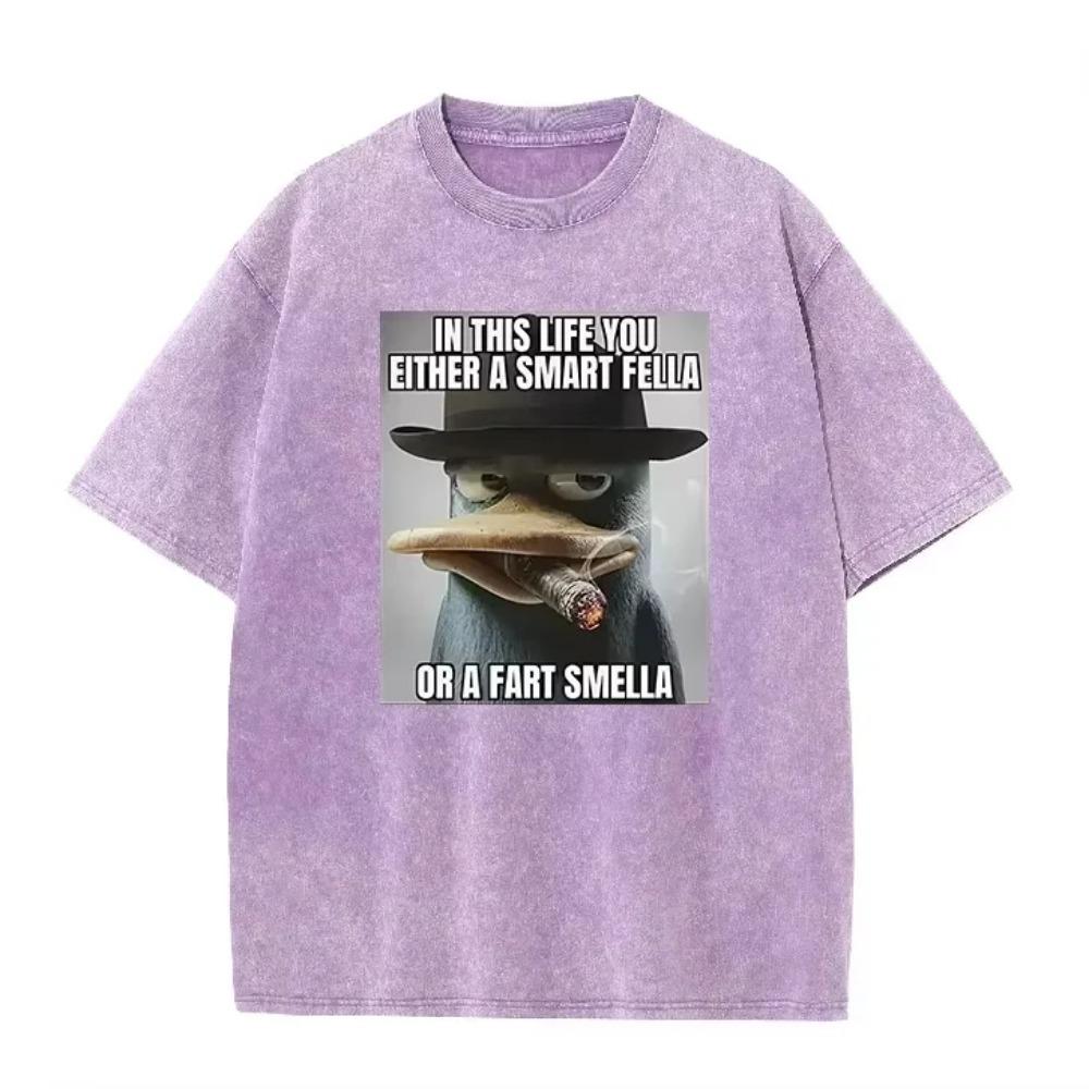 Retro Acid Wash Oversized T-shirt Funny Perry Platypus Meme Cartoon Print Casual Men Women Streetwear Tops S