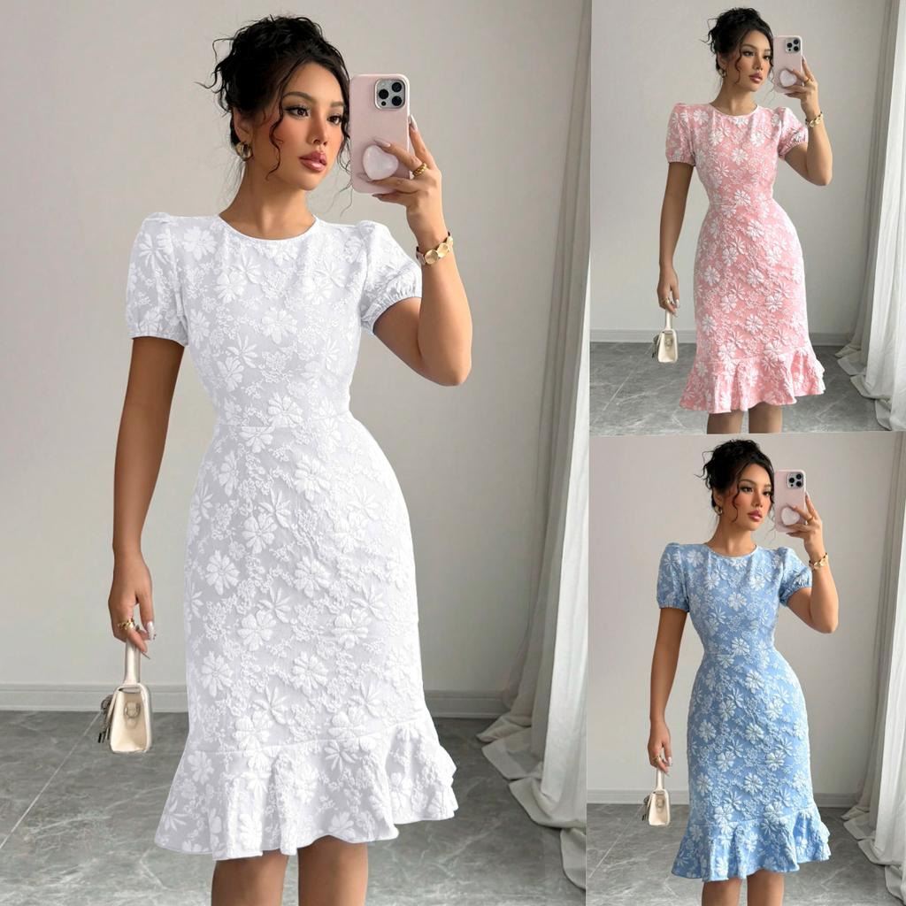 Women Summer Short Sleeve Embroidery O Neck Solid Color Ruffles One Piece Dress