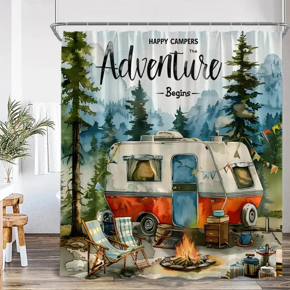Vintage Zasłony Prysznicowe Kempingowe Abstrakcyjny Góra Camper Sceneria Lasu Tkanina Poliestrowa Wystrój Kurtyny Domowej Łazienki z Haczykami