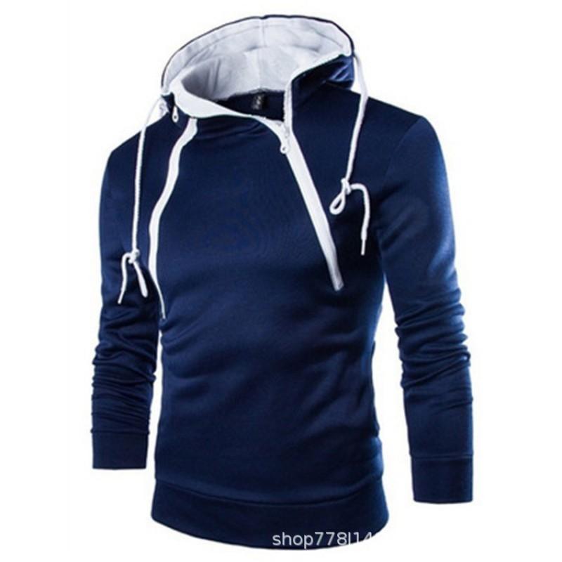 Mens Hooded Pullover Sweatshirt With Dual Zipper Front Contrast Color Design Soft Fleece Lined Long Sleeve Casual
