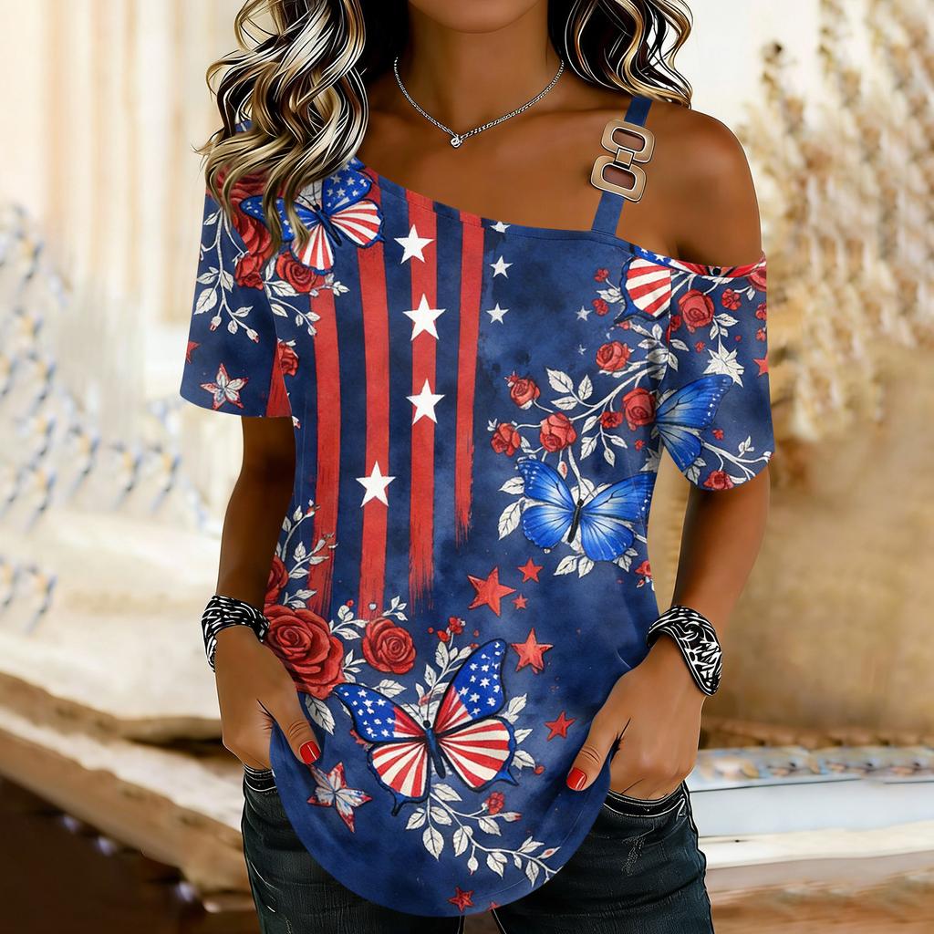 Damenmode Casual Print Sexy schulterfreies Kurzarm-T-Shirt-Oberteil