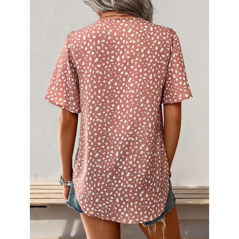 Women Leopard Print V Neck Short Sleeve Mid Length Casual Shirt