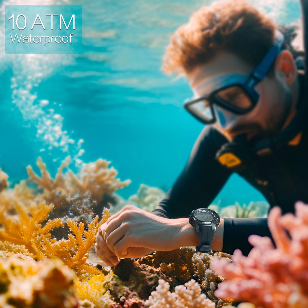 Multi-function 10 ATM Water Resistant Men's Watch, Ideal for Swimming, Diving, and Surfing, with Alarm, Calendar, Stopwatch, Dual Time, and 12- or