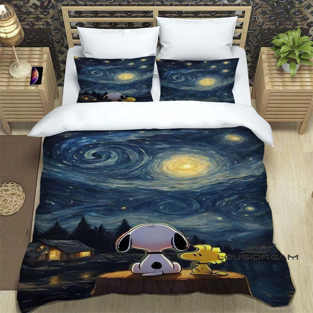 (Snoopy) Sunflower-Themed Printed Bedding Set: Featuring a duvet cover and pillowcases, this soft and comfortable set is availab