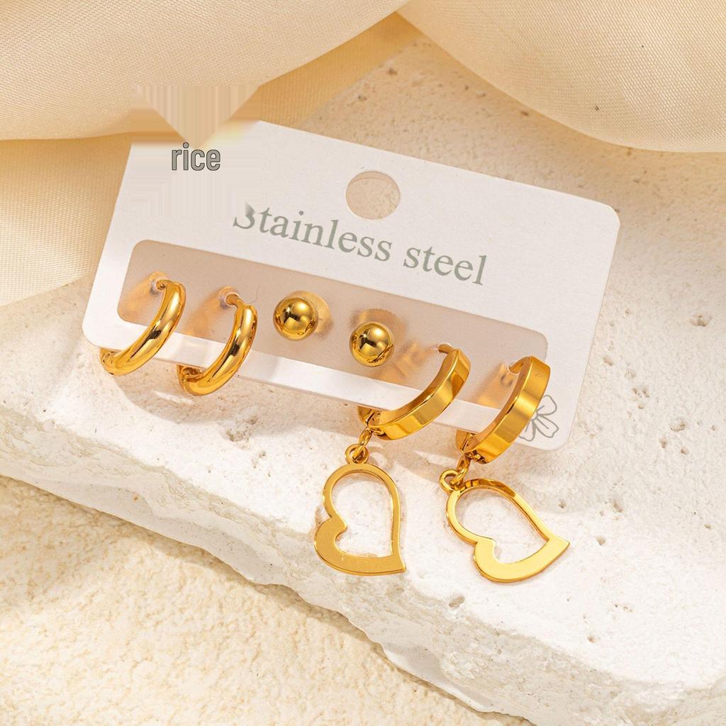 Popular Snake-Shaped & Heart Titanium Steel Stud Earrings Set for Women - Six-Piece Light Luxury Stainless Steel Ear Jewelry