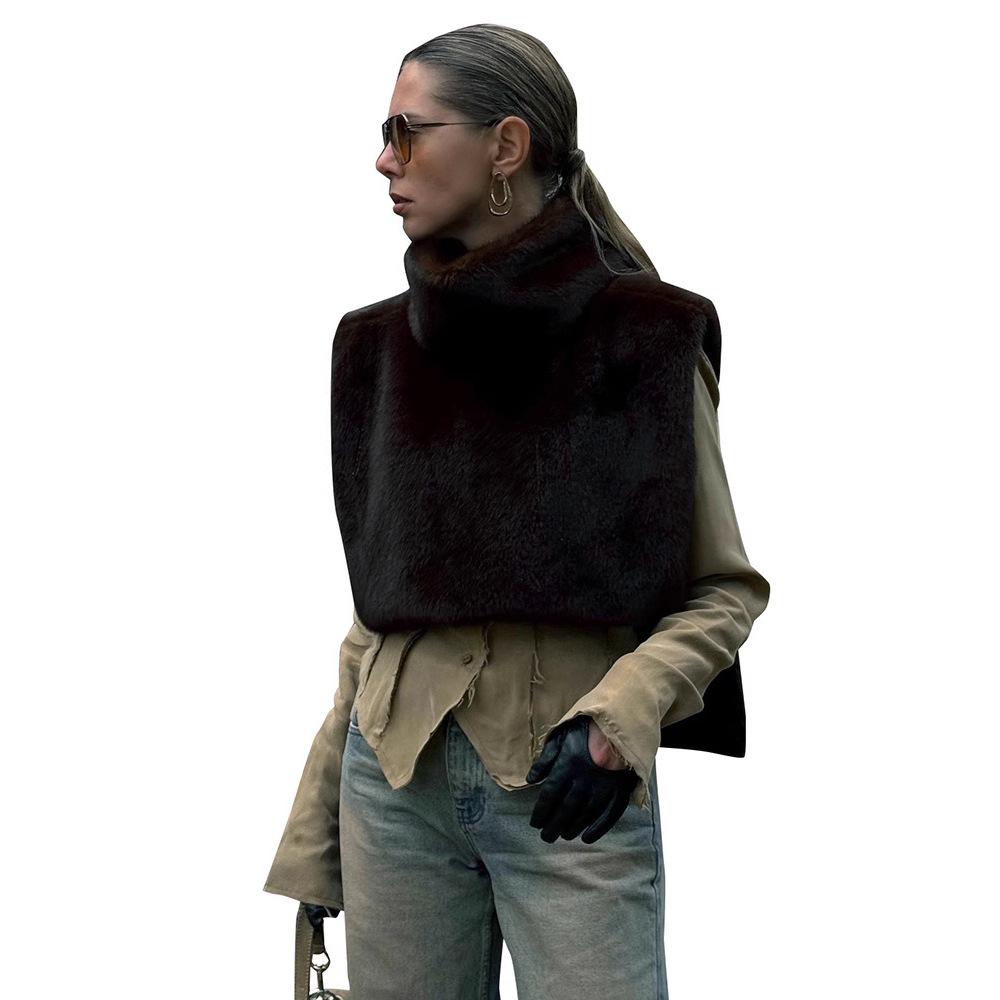 2025 Women's Solid Color Semi-High Neck Sleeveless Furry Top for Autumn & Spring