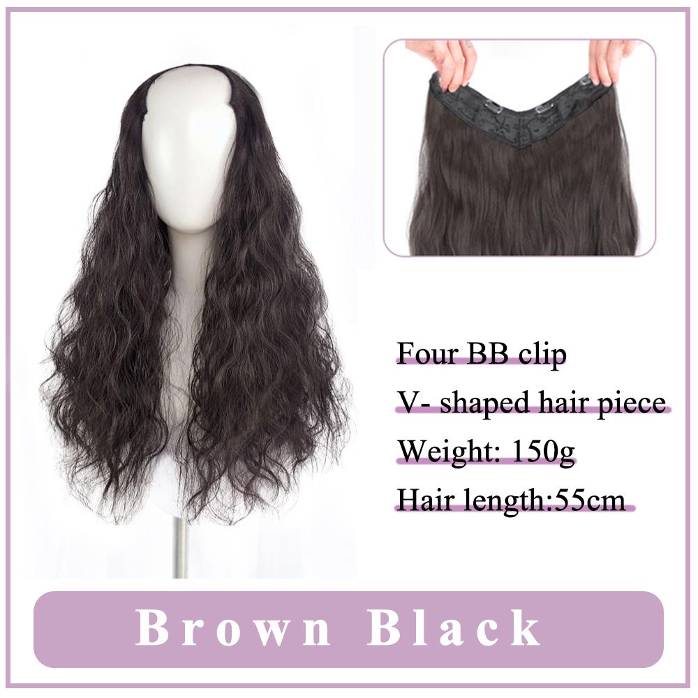 Bybrana V-formede hårforlengelser vann krusninger svart brunt syntetisk hår parykker