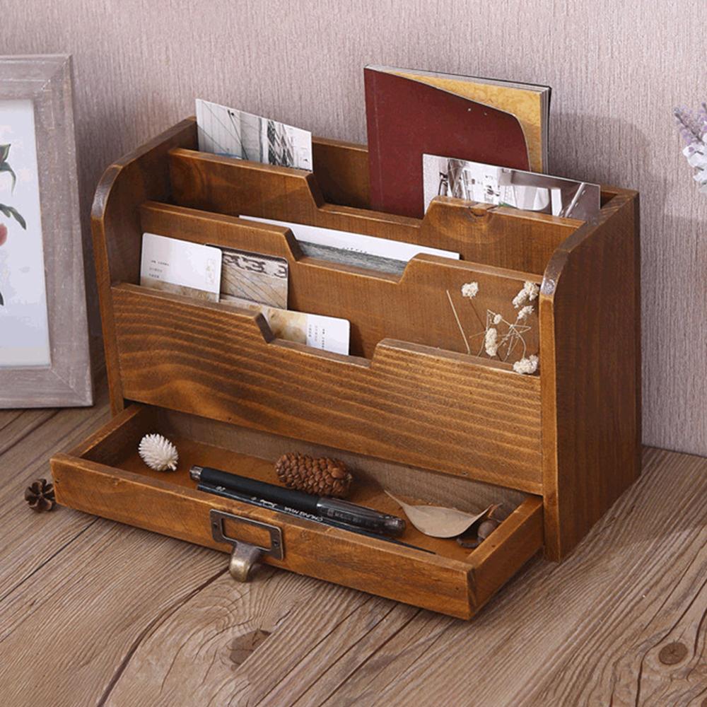 Vintage Light Brown Solid Wood Desktop Storage Box with Drawer Desk Organizer Distinctive Independent Document Souvenir Display
