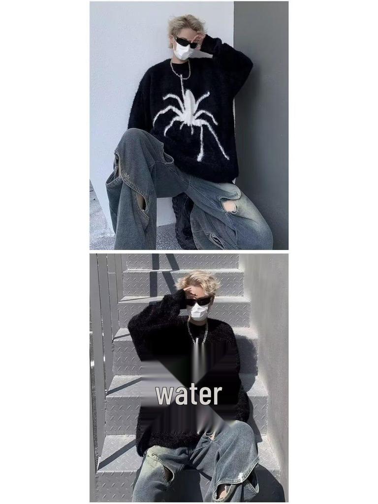 Unisex Plus Size American Retro Spider Sweater - High Street Autumn/Winter Style Mink Velvet Loose Knitwear