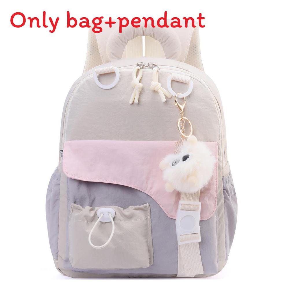 Childrens Blocked Color Backpack With Plush Pendant For School And Outings