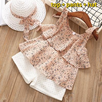 New Girls' Suit Skirt Floral Chiffon Two-Piece Set with Hat