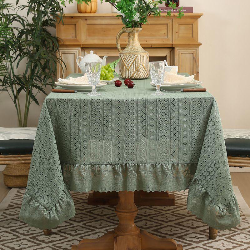 Vintage Coffee Table with Green Hollow Lotus Leaf Edge Lace Tablecloth and Rectangular Dining Table Cloth