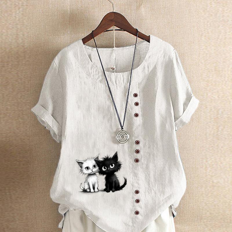 

Женская мода с принтом черного кота и белого кота, футболка с коротким рукавом, свободная хлопковая рубашка, повседневная свободная летняя блузка, топы больших размеров 5XL белый