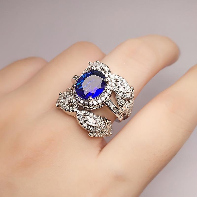 

One Or Two Wearing Imitation Emerald Rings, Female Heavy Industry Luxury High-End Sense High Carbon Diamond Red Corundum Full Diamond Blue Stone Rings Adjustable opening