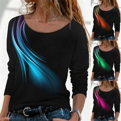 Frauen Herbst Rundhals T-shirts Casual Geometrie 3D Tees Langarm Lose Top Vintage Plus Größe Drucken T Shirt