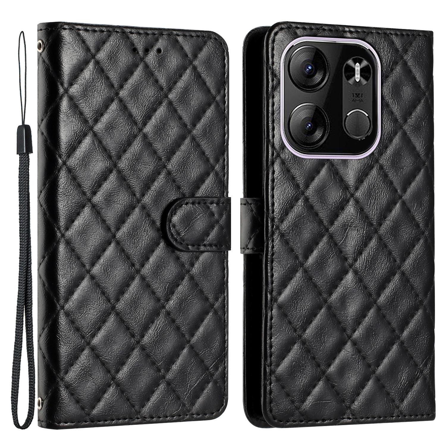 

For TECNO Pop 7 Pro 4G Stitching Line Rhombus Leather Case Wallet Stand Shockproof Phone Cover Black