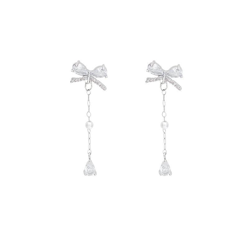 High-end Sweet Bow Tassel Water Drop Stud Earrings Women's New Zircon Light Luxury High-end Accessories